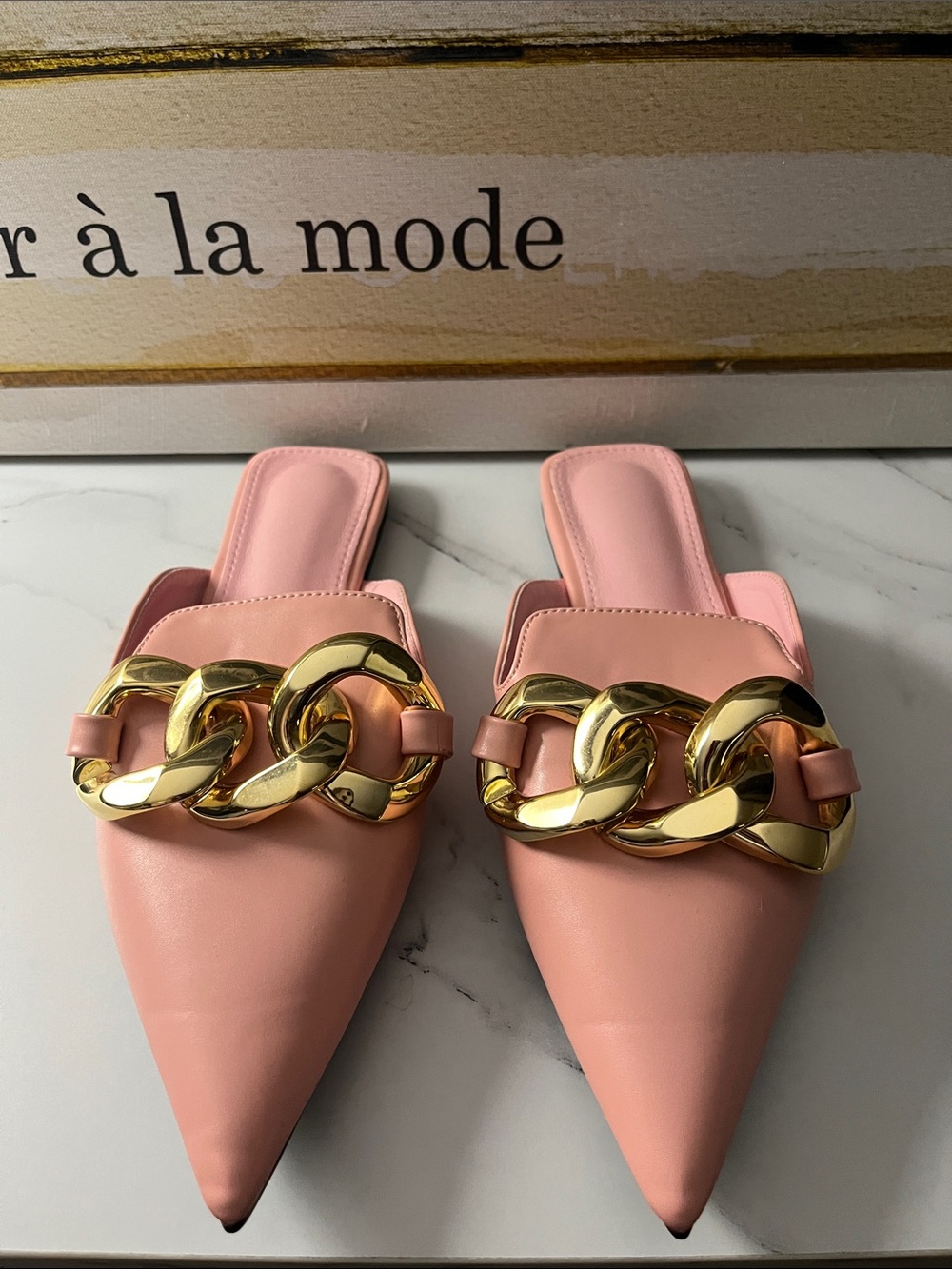 Women's Pink Pointed-Toe Slip-On Mules with Gold Chain